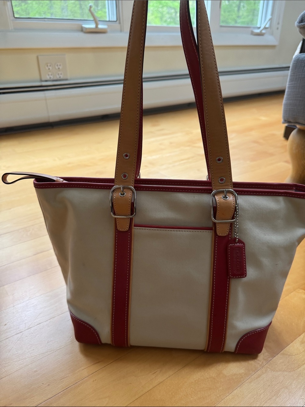 Rare Vintage Coach Beige Canvas Tote with Red/Saddle Leather Reversible Trim